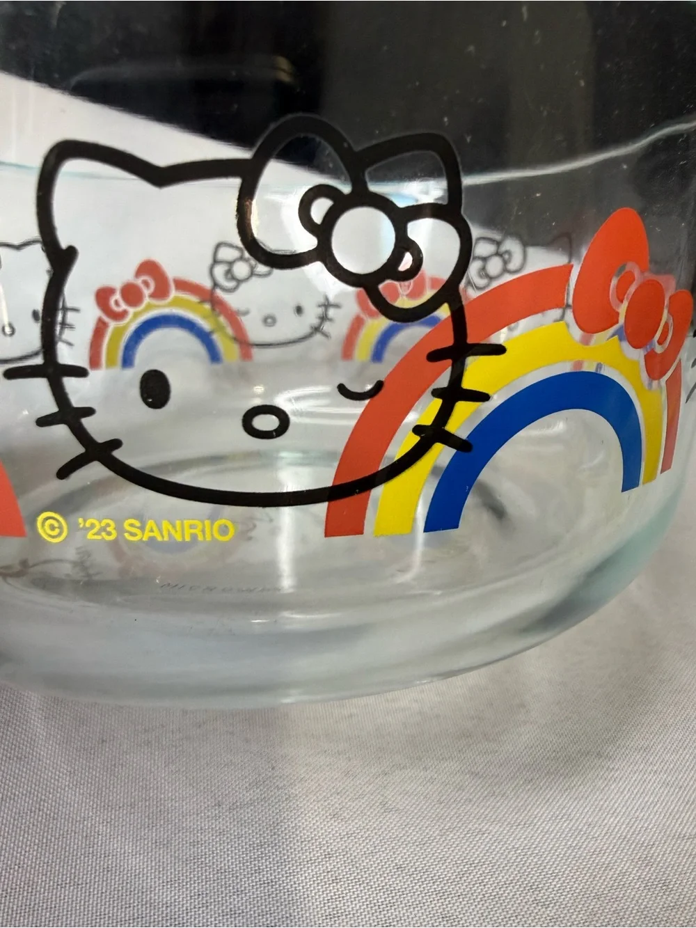 Hello Kitty  Glass Pyrex Bowl with Rainbow and Red Bow Accents 6” Diameter